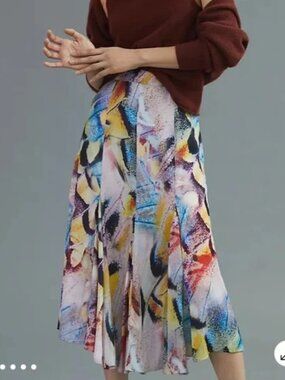 Anthropologie Butterfly Blue Pink Yellow Midi Satin Size 12 Swing Skirt